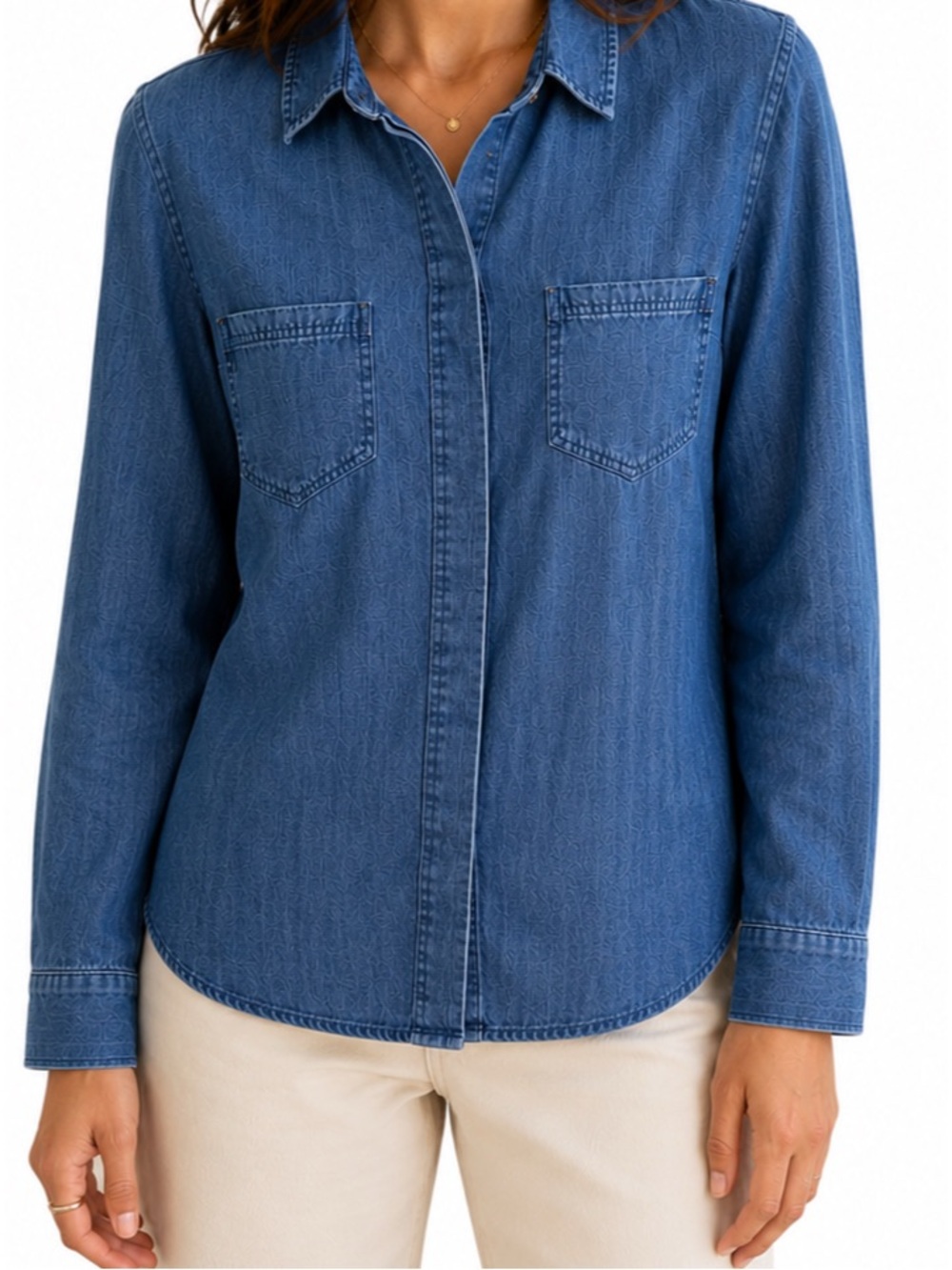 Liverpool Small Woman’s Blue Chambray Ponderosa Button Back Shirt